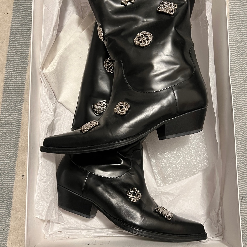 Toga Pulla embellished black western cowboy high leather boots - Picture 3 of 8